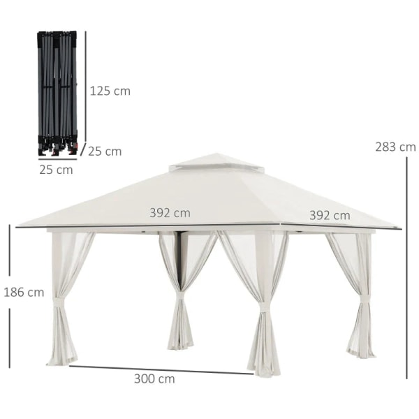 Rootz Folding Gazebo - Höjdjusterbar - 4 Meshväggar - Ventilationstak - Bärväska - Snabbmontering - Krämvit - 4 x 4 x 3 m