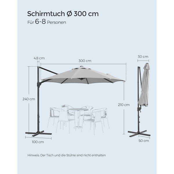 Rootz Cantilever -sateenvarjo - Ulkoaurinkovarjo - Kampimekanismi - Ristijalusta - Teräsrunko - 180 gsm polyesteri - Ø 300cm x 240cm - Dove Grey