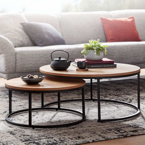 Rootz sofabord sæt af 2 træ - metal sofabord rund eg moderne - Design sidebord 2-delt - Runde stueborde - Træbord indskudsborde