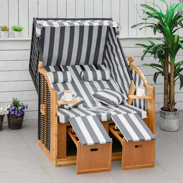 Rootz Beach Chair - Dobbelt liggestol med tag - Dobbelt liggestol med kopholdere - Chaiselong - 5-niveaus ryglæn - PE Rattan - Grå + Hvid - 118 x 79 x