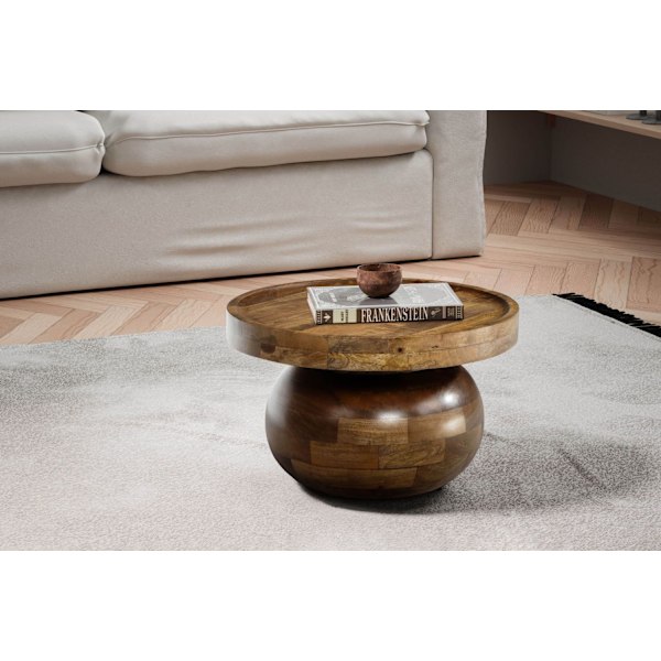Rootz Modernt runt soffbord - Elliptisk ram - Slät yta - Handgjord - Mango massivt trä - 50 cm x 50 cm x 30,5 cm