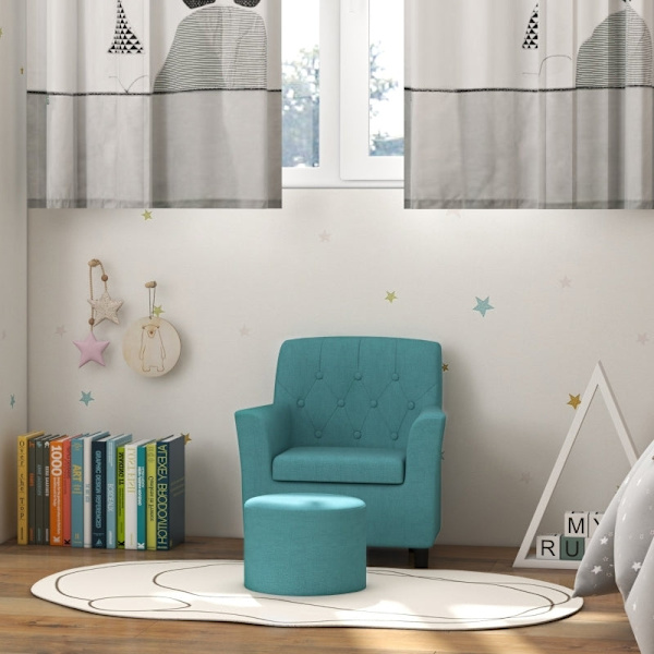 Rootz Kids Lænestolssæt - Børnesofa - Matchende osmannisk - Stilfuldt diamantryglæn - Træramme - Hyggelig polstring - Blå - 45 cm x 43 cm x 50,5 cm