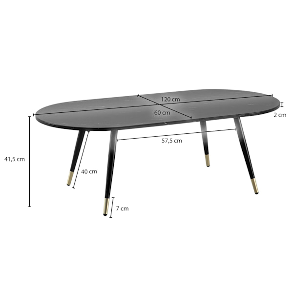 Rootz Ovalt soffbord - Modernt vardagsrumsbord - Bord i marmorlook - Säkra metallben - 120 cm x 60 cm x 41,5 cm - Elegant design i svart och guld