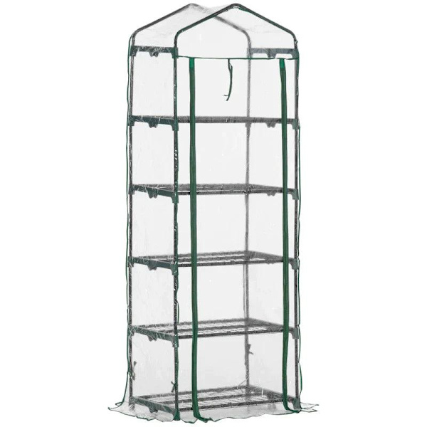 Rootz Folieväxthus - Miniväxthus med 5 hyllor för att odla blommor eller grönsaker - Stål - Plast - Transparent + Grön - 69 x 49 x 193 cm