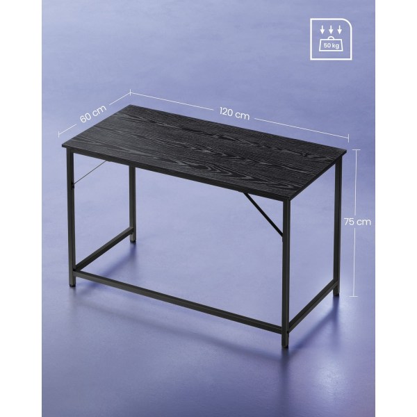 Rootz Black Desk - Skrivebord - Studiebord - Spånplade og stål - Rummelig overflade - Nem montering - 60cm x 120cm x 76cm