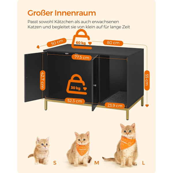 Rootz Cat kattebakkeskab - Kradsestolpe - Guldben - Spånplade og stål - Stor 80 x 50 x 55 cm - 16,3 kg - Sort-Guld - 60 kg Kapacitet