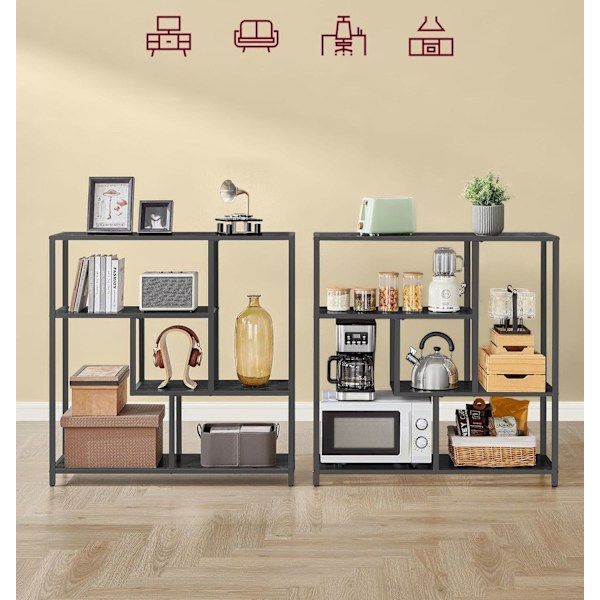 Rootz reol med 4 hylder - Ibenholtsort - Blæksort - Spånplade og stålmateriale - 30 cm x 100 cm x 103 cm - Letvægts - Robust