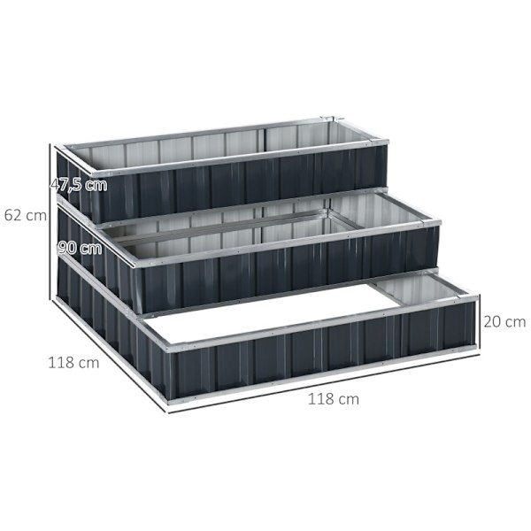 Rootz Steel Raised Bed - 3-vånings trädgårdssäng - Örtbädd - Blomstrappa - Gott växtutrymme - Mångsidig design - Hållbar konstruktion - 118cm x 118cm