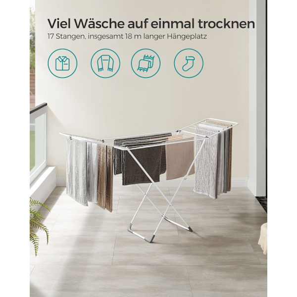 Rootz White Steel PP Plastic Vaskestativ - Tørrestativ til tøj - Tørrestativ - Letvægts - Kompakt - Nem montering - 50 cm x 182 cm x 102,5 cm