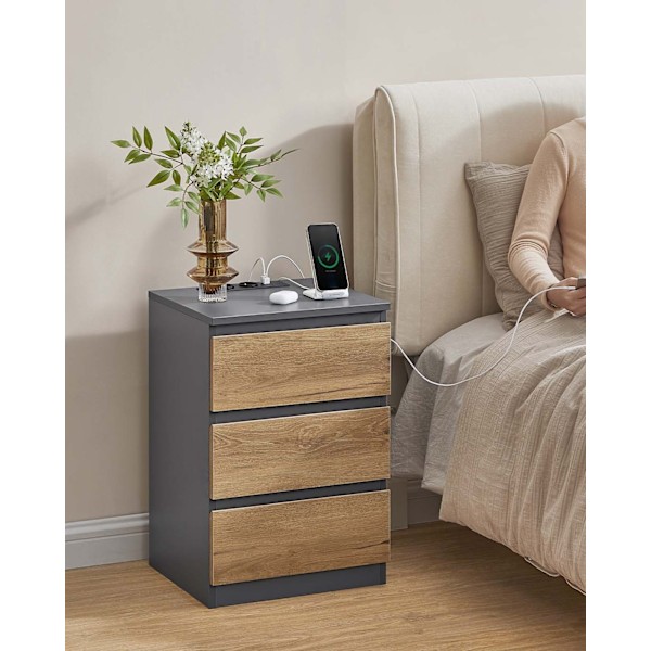 Rootz 2 -stykke sæt Bedside Table - Natbord - Slutbord - Opladestation - Grå, brun - 35 cm x 40 cm x 59 cm