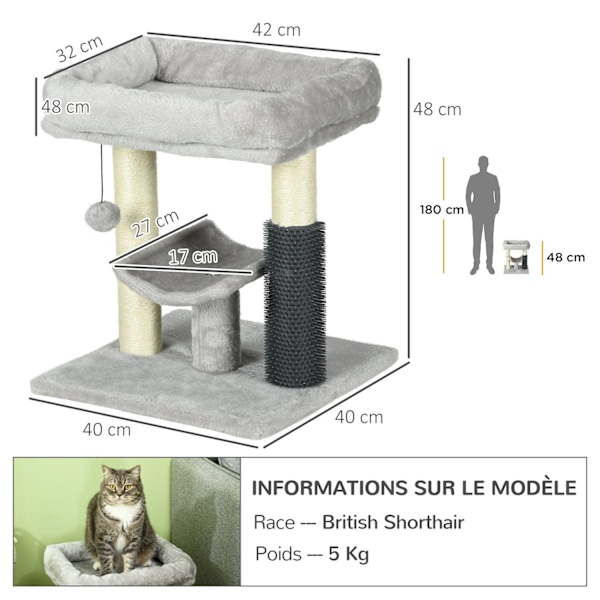 Rootz Cat Tree Scratching Post - Play Tower - Cat Activity Center - Sisal Trunk - 48 cm High - Grey