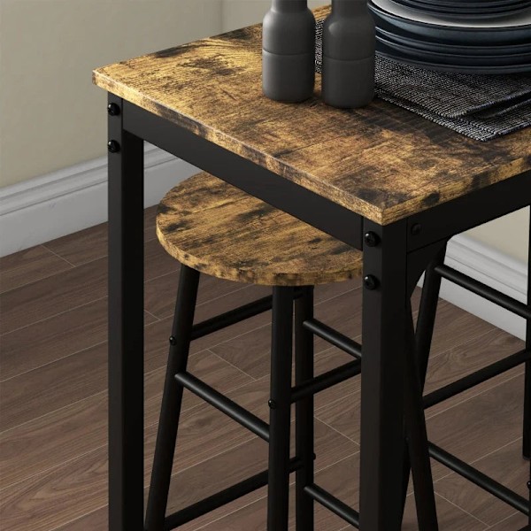 Rootz barbord med 2 stole - Industrielt design - Sæt med 2 barstole med bord - 3 stykker - Brun + Sort - 105L x 40W x 90H cm