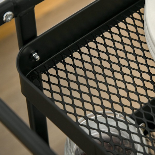 Rootz 3 Tier Metal Servering Trolley - Kitchen Cart - Utility Trolley - 2 Bestikstativ - 51,5L x 32W x 75,6h cm - Sort