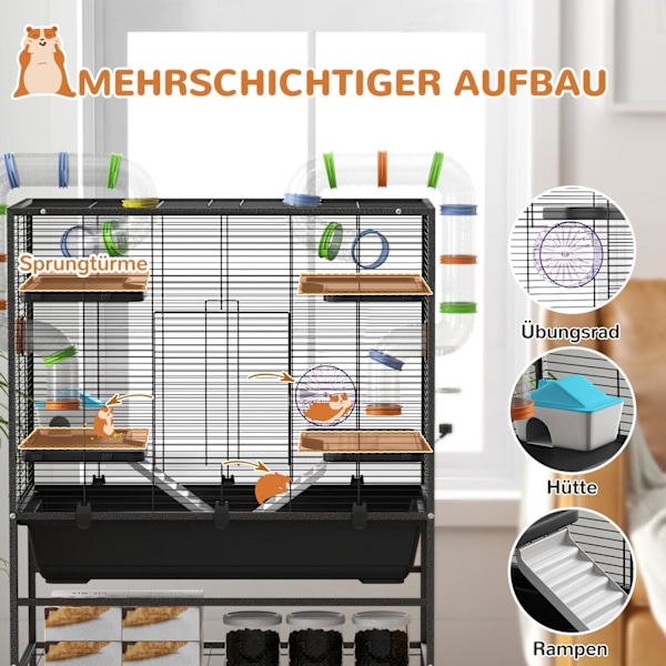 Rootz Hamster Cage med rør - gnaverhus - Small Animal Habitat - Øvelse sjov - 109 cm x 82 cm x 46 cm, sort