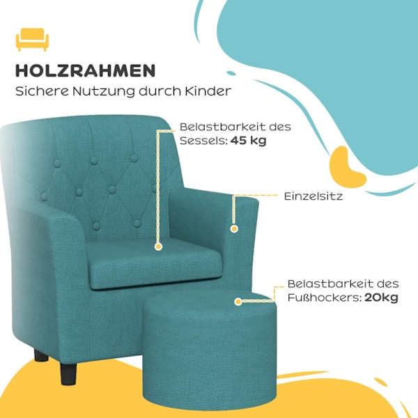 Rootz Kids Lænestolssæt - Børnesofa - Matchende osmannisk - Stilfuldt diamantryglæn - Træramme - Hyggelig polstring - Blå - 45 cm x 43 cm x 50,5 cm