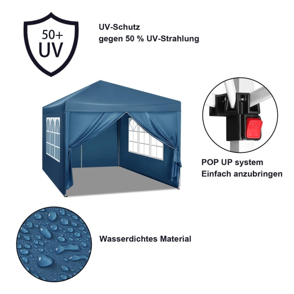 Rootz Gazebo Pop-Up-tält - Vattentät pagod - Solskydd - UV-skydd - Regnbeständigt - Enkel installation - 3m x 3m Blå