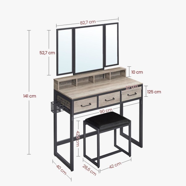 Rootz Sminkbordsset - Sminkbord med hopfällbar spegel - Sminksminkbord - Sminkbord - Sminkbord och pall - Sminkbordsset - Greige- Spånskiva - Stål - G