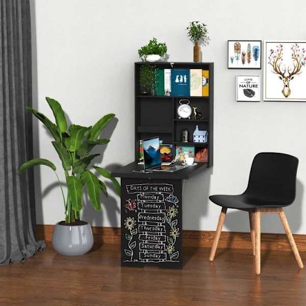 Rootz Väggfällbart bord - Väggskrivbord - Väggbord - Inklusive skrivtavla - Platsbesparande - MDF - Svart - 60 cm x 94,5 cm x 147 cm