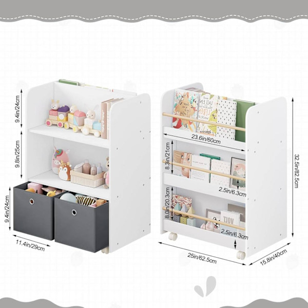 Rootz 2-i-1 bokhylla för barn - Förvaringsorganisatör - Mobil hyllenhet - Dubbelsidig åtkomst - Slitstark MDF - Barnsäker design - 62,5 cm x 82,5 cm x