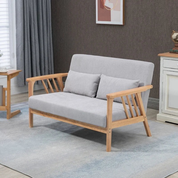 Rootz-sohva - Relax Sohva - 2-istuttava sohva - Sisältää 2 tyynyä - Velvet Look - Kumipuu - Harmaa + Natural - 130 cm x 75 cm x 78 cm