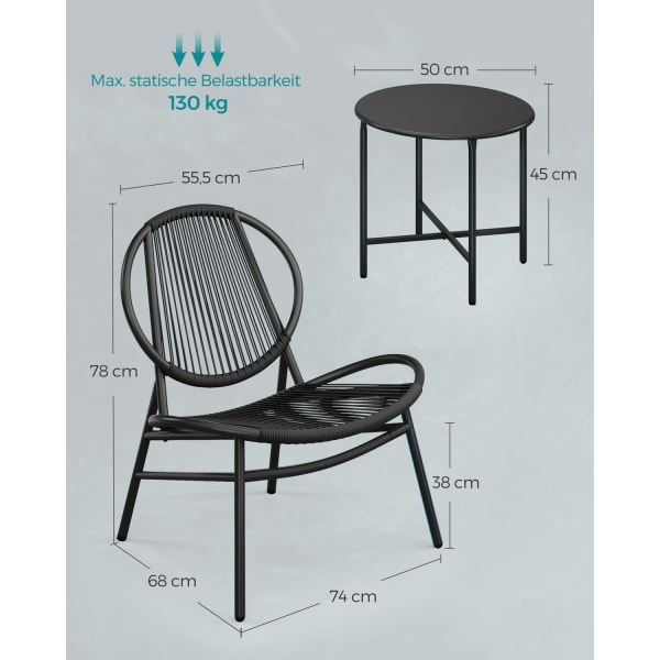 Rootz 3-delat set Utemöbler - Uteplatsset - Trädgårdsstolar - PE-material - Pulverlackerat stål - Stort bord - Lätt - Enkel montering - Bläcksvart - 6