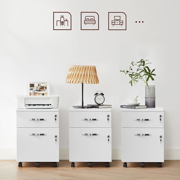 Rootz Låsbar Rullebeholder - Hvidt arkivskab - Opbevaringsskab - Sengebord - Sidebord - 5 hjul - E1 MDF - PVC - 44cm x 40cm x 54,5cm