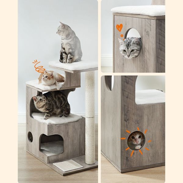 FEANDREA kattskrapstolpe - Katttorn - Kitty Condo - Mysig grotta - Sisallindad stam - Plyschkuddar - Skrapmatta - Greige Vit - MDF - 66cm x 40cm x 86c