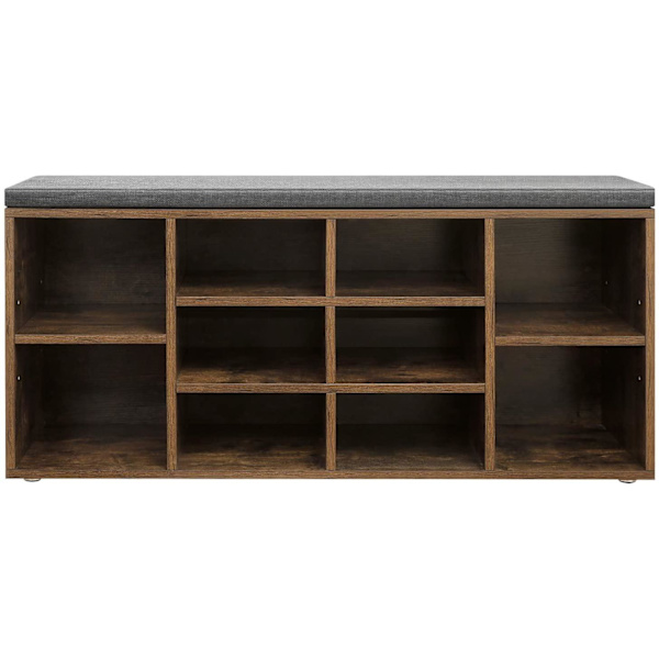 Rootz Skobænk - Skostativ - 10 rum - Industriel - Polstring - Brun - Grå - 104 x 30 x 48 cm
