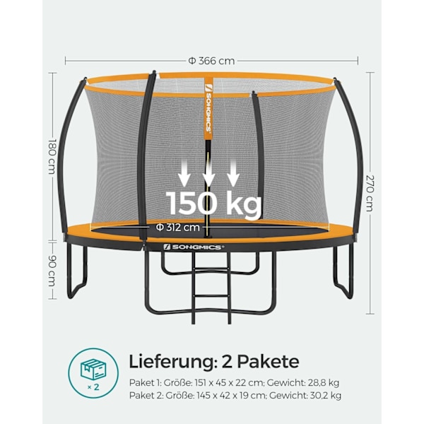 Rootz 366cm studsmatta - Trädgårdstrampolin - Fitnessstudsmatta - Nätmaskigt skyddsnät - Galvaniserat stålstomme - 366cm Diameter - 90cm Avstånd från