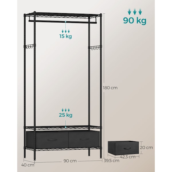 Rootzin teräsvaateteline - Vaateteline - Teräsvaatekaappi - Heavy Duty - 40 cm x 90 cm x 180 cm - Muste musta - 7,5 kg - 90 kg Kapasiteetti