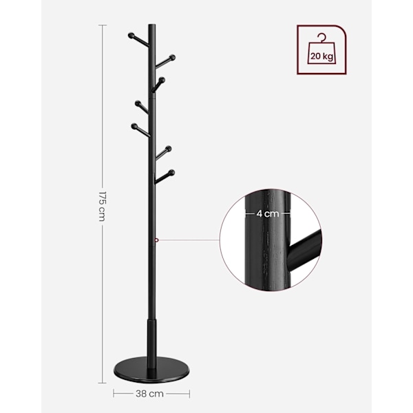 Rootz knagerække - Hattestativ - Gummitræ - MDF - Fritstående - 38 cm x 175 cm - 12,5 cm Kroglængde - 3,3 kg - 5 kg Maks. belastningskapacitet - 20 kg