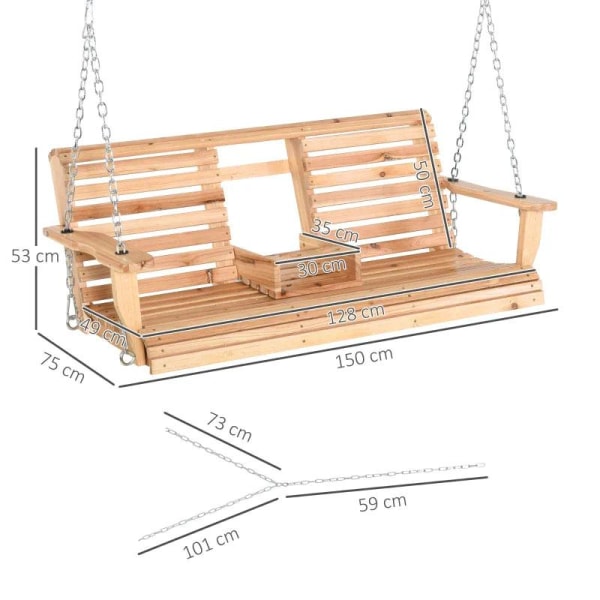 Rootz-riippuva penkki - keinupenkki - 3-paikkainen keinutuoli - riippupenkki kokoontaitettavalla pöydällä ja mukinpidikkeillä - luonnonpuu - 150 x 75