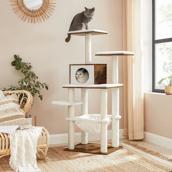 Rootz Cat Tree - Modern Cat Tree - Skrapstolpe - Katttorn - Kattmöbler - Kattskrapträd - Kattlekstuga - Modernt kattträd - Spånskiva - Brun - 55 x 45