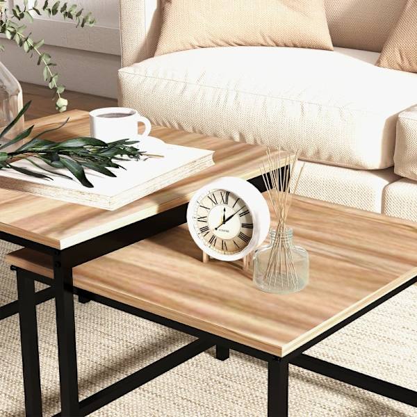 Rootz Nesting Bord - Sæt med 2 sideborde - Industrielt design - Sort stålstel - Bordplade i trælook - Spånplade - Naturligt træ - 60cm x 60cm x 45cm