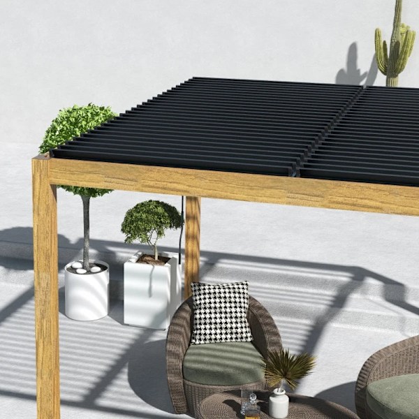 Rootz Pergola - Trädgårdspaviljong - Lamelltak - Handvev - Markspetsar - Aluminium - Trä - Aluminium - Svart - Naturlig - 297L x 297W x 228H cm