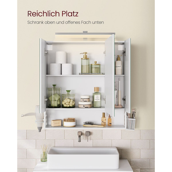 Rootz Badeværelsesskab - Opbevaringsenhed - Organizer - Spånplade - MDF - Metal - Glasspejl - 16,5 cm x 70 cm x 75 cm - Cloud White - 20 kg Kapacitet