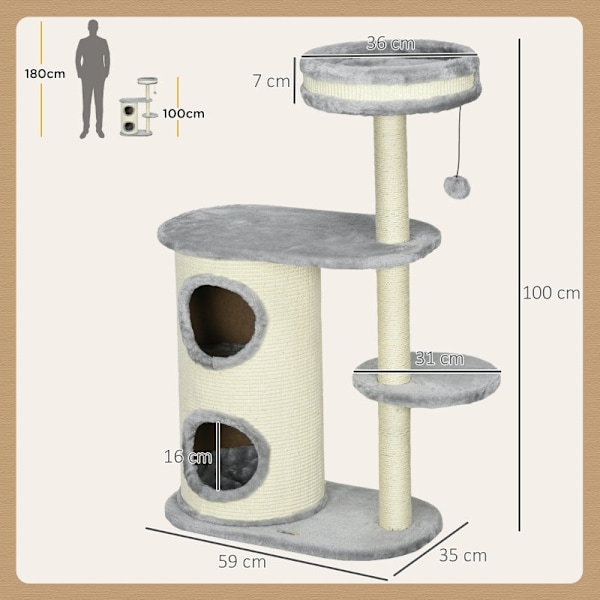 Rootz Cat Klatretræ - Kradsestolpe - Cat Tree Tower - Cat Activity Center - Plys - Sisal Reb - Underholdning - 59cm x 35cm x 100cm
