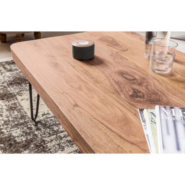 Rootz sofabord massivt træ akacie 115 cm bredt stuebord design metalben sidebord i landlig stil