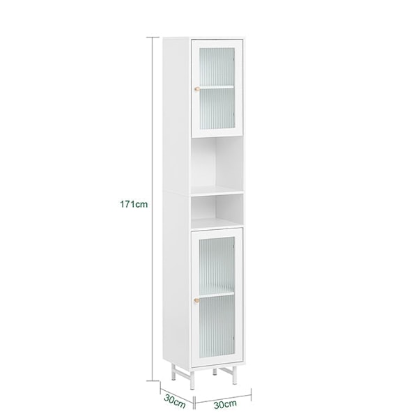 Rootz Tall Kylpyhuonekaappi - Säilytysjärjestelmä - Lasiovikaappi - Säädettävät hyllyt - Vedenkestävät metallijalat - MDF ja lasi - 30cm x 171cm x 30c