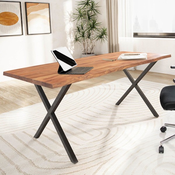 Rootz Modern Design Office Bord - Skrivbord - Massivt träbord - X-formade metallben - Handgjorda - 120cm x 60cm x 76cm