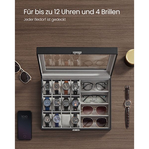 Rootz Watch Box - Organizer-fodral - Smyckeshållare - MDF Velvet PU-glas - 29cm x 39cm x 8cm