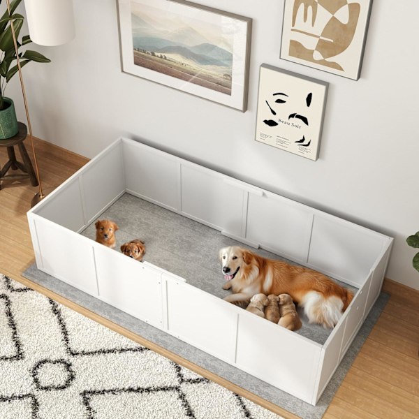 Rootz -koiran roskakori - Whelping Box - Puppy Run - Säädettävät sisäänkäynnit - Pine & MDF - 196 x 96 x 48 cm - valkoinen