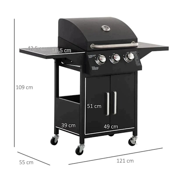 Rootz Gasgrill - BBQ med 3 brændere - Mobil grillvogn med 4 hjul - Grillnet - Sideborde - Trykreducer - Slangerskab - Multifunktion - Stål - Sort - 12