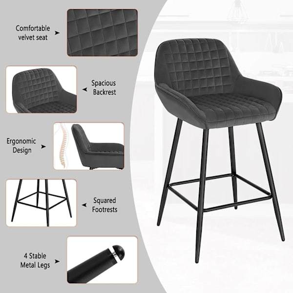 Rootz Barstol - Fløjlsbordskammel - Metalstel - Komfortabel & Ergonomisk - Holdbar og stabil - Gulvbeskyttelse - 32,5 cm x 37 cm x 91 cm (Sædehøjde 64