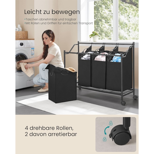 Rootz 4-Bag pyykinlajittelija - Vaatteiden järjestäjä - Irrotettavat laukut - Raskas rakenne - 105 cm x 38,5 cm x 81 cm