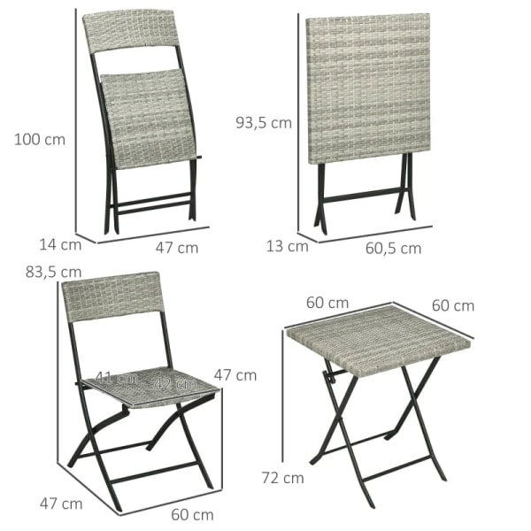 Rotz 3 st. Trädgårdssittgrupp - 2 hopfällbara stolar - 1 hopfällbart bord - Rottinglook - Metallram - Ljusgrå - 60L x 60W x 72H cm