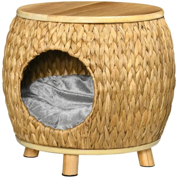 Rootz Water Hyacinth Grass Cat Cave - Rattan Cat House - Tvättbar kudde - Solbränd + naturligt trä + grått - 44cm x 43cm x 42cm