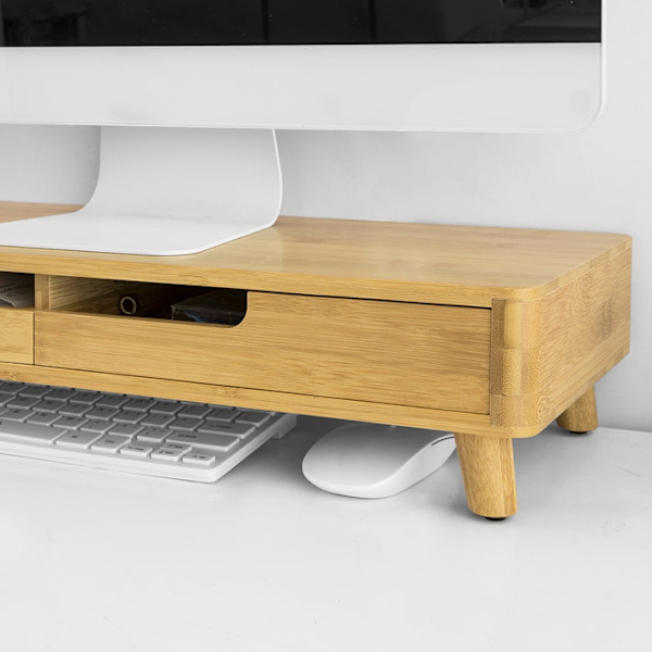 Rootz Bamboo Monitor Riser Stand med 2 skuffer - Skrivebordsorganisering - Tastaturopbevaring - Skridsikre fødder - Ergonomisk design - 56cm x 12cm x