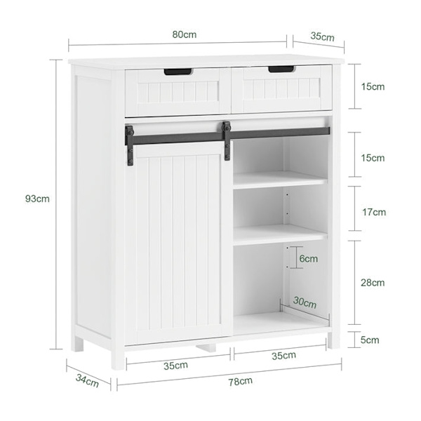 Rootz Moderne køkkenskab - Skænk med skydedør - Kommode - Buffet - Justerbare hylder - Elegant sort/hvidt design - Nem montering - 80 cm x 35 cm x 93