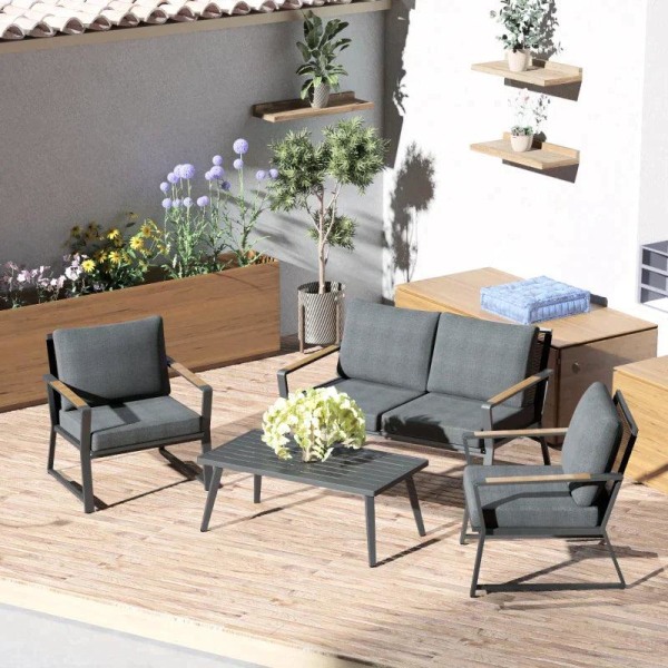Rootz 4-delt udendørsmøbler - 4-delt havemøbelsæt - Sofa - Lænestol - Sidebord - Aluminium/Polyester/Polyrattan - Mørkegrå